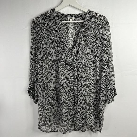 Joie Size XS Button Up Blouse Silk Laurel Sheer Caviar Abstract Dot Print V-Neck - Picture 3 of 12